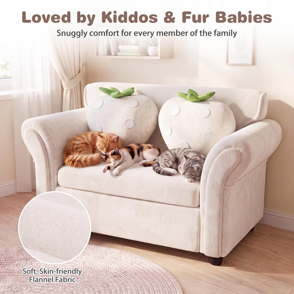 Kids' Couch with 2 Strawberry Throw Pillows with Flannel Upholstery and Solid Wooden Frame