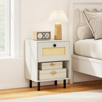 Rattan Nightstand with Drawer and Open Storage Shelf for Living Room and Bedroom