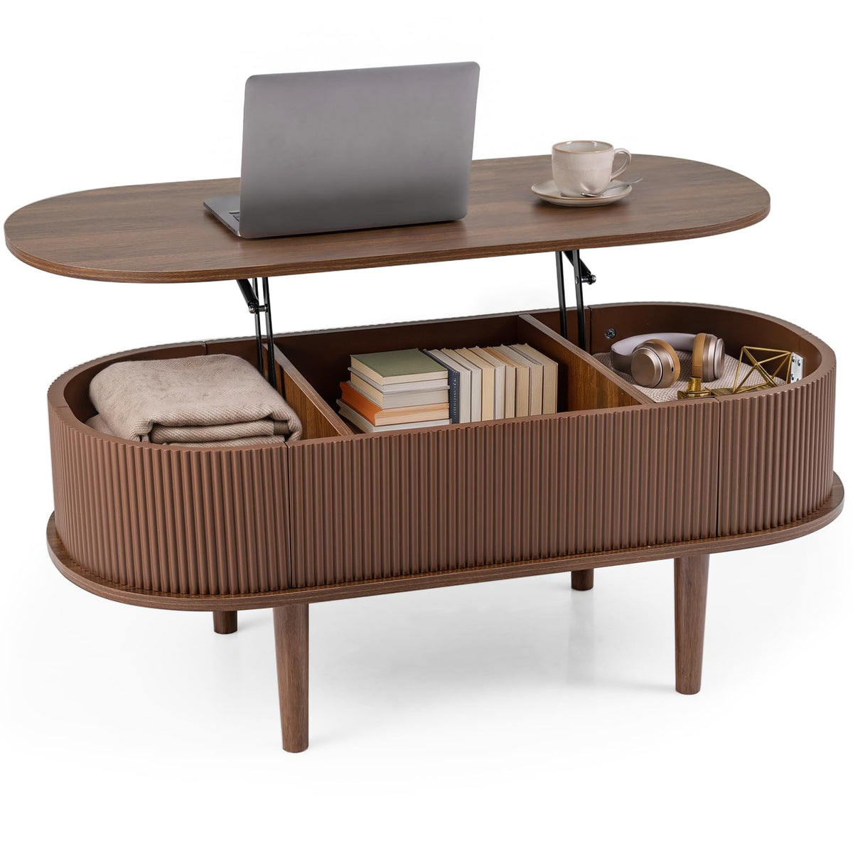 Oval Lift Top Fluted Design Coffee Table with Storage and Raised Wood Feet