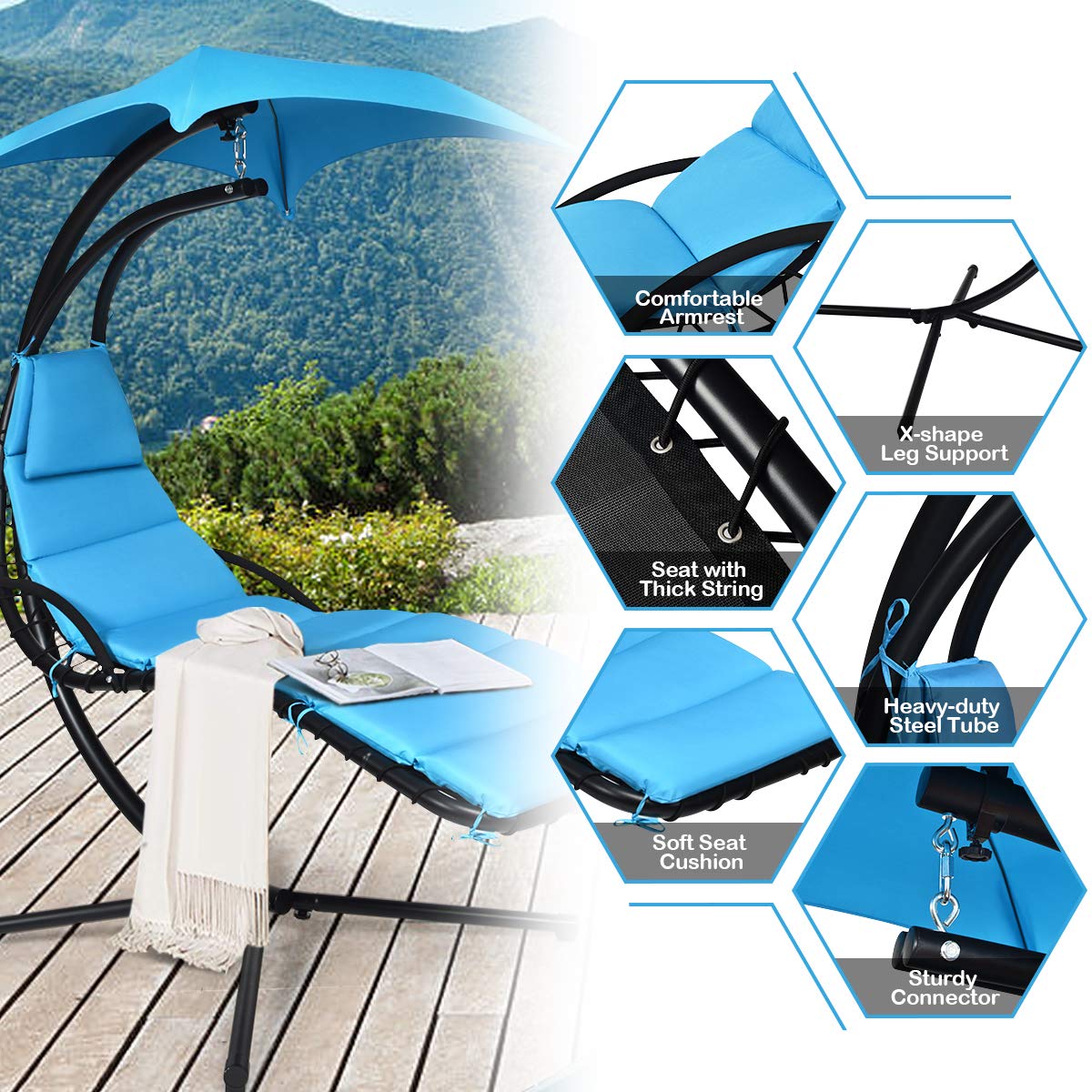 Hanging Lounger Chair with Canopy & Cushion Built-in Pillow