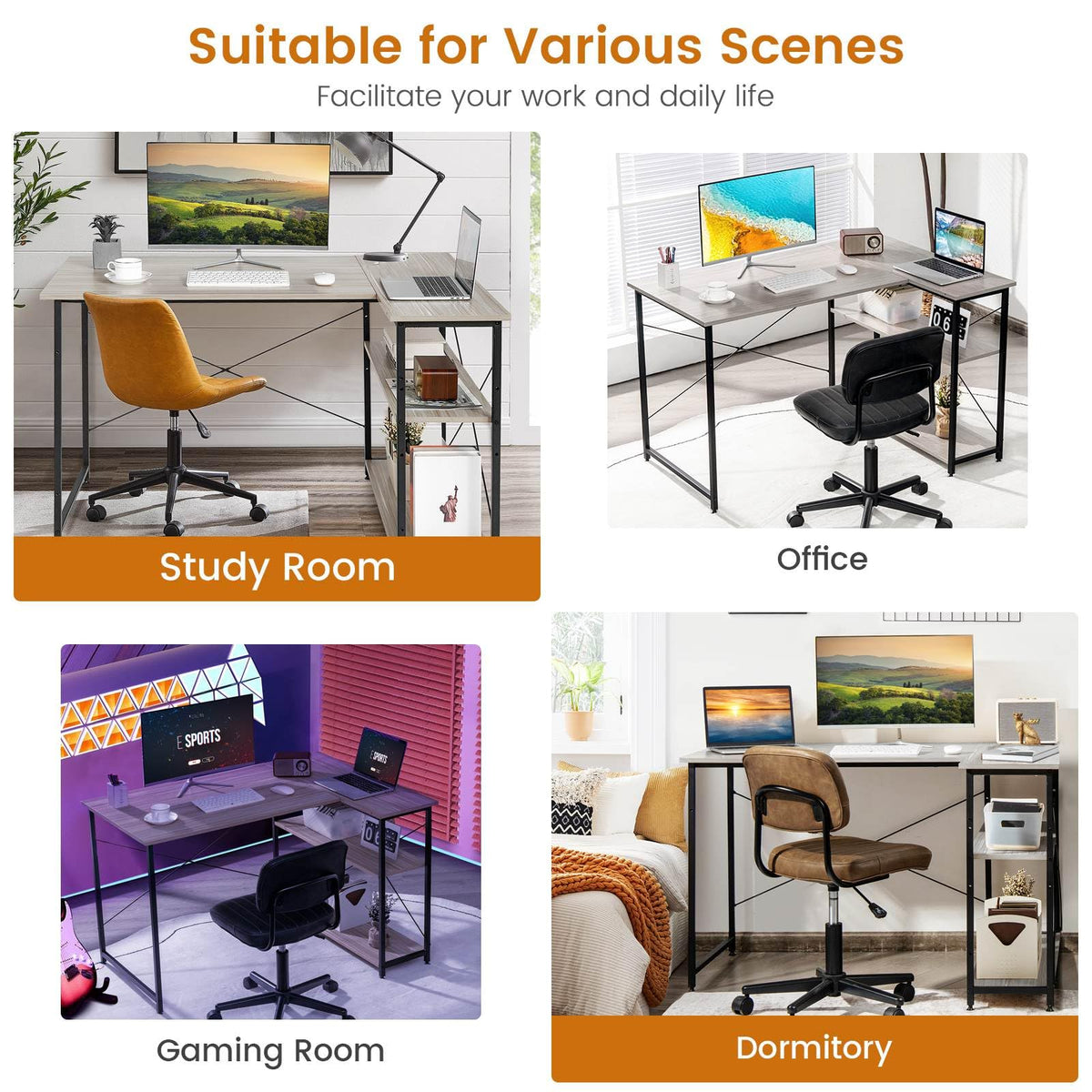 Giantex L-Shaped Desk 120 cm Writing Study Laptop Desk with Adjustable Storage Shelves