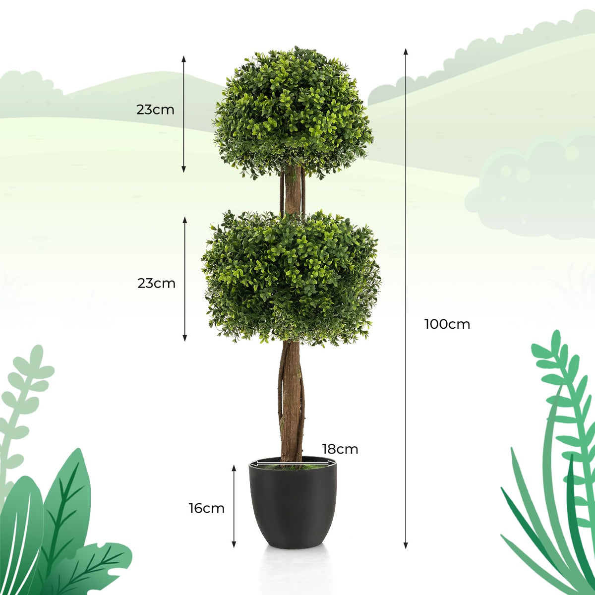 Giantex 100cm Artificial Boxwood Topiary Ball Tree, Faux Double Ball Boxwood Plant with Cement-Filled Plastic Pot