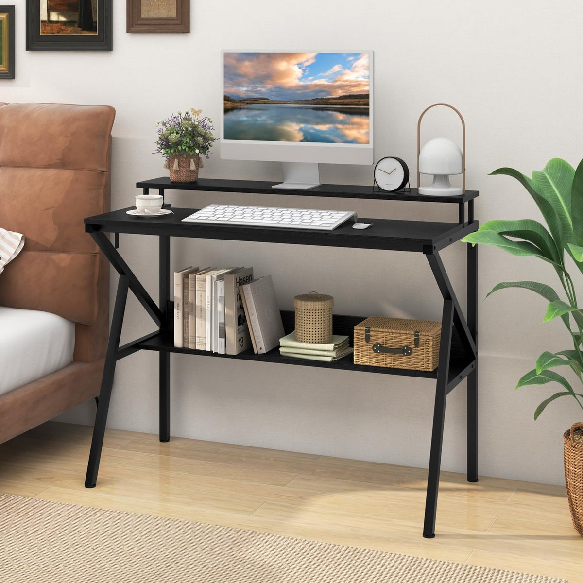 Computer Desk Versatile Writing Desk w/ Monitor Stand Hanging Hook Storage Shelf