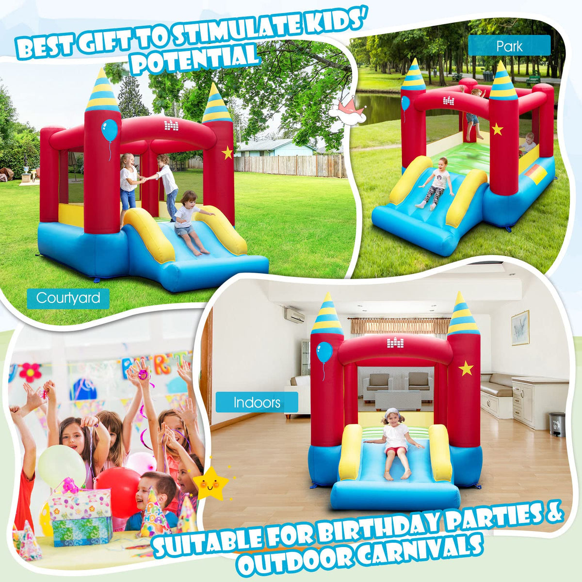 Inflatable Bounce House, Kids Bouncy Castle with Stakes, Carry Bag, Repair Kit, for Boys Girls 3-10 Years (Without Blower)