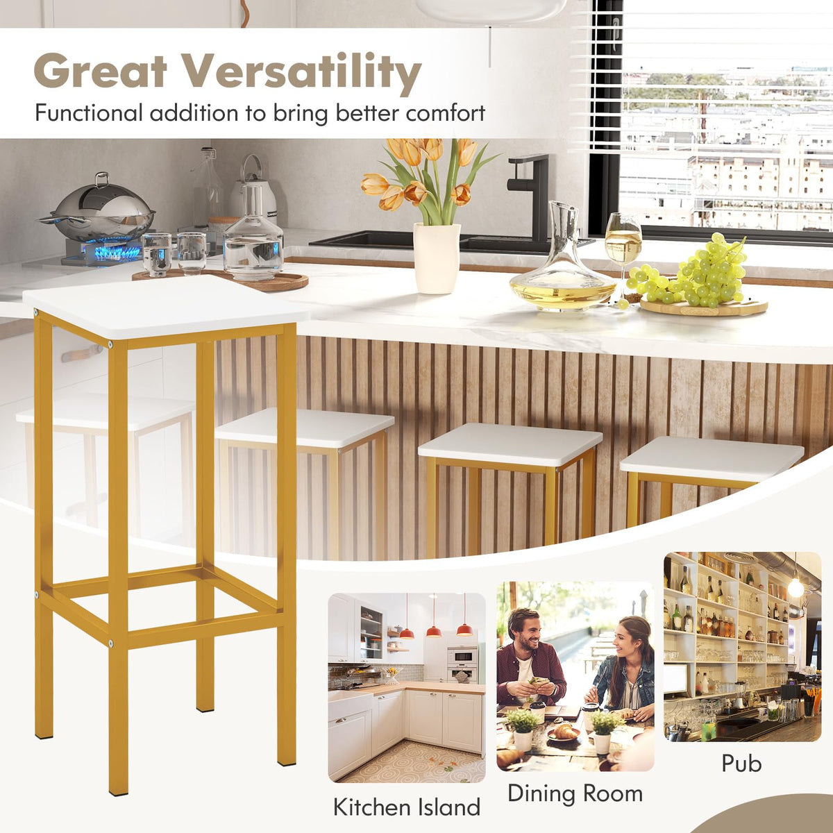 65 cm Square Bar Stools Set of 4, Kitchen Breakfast Stools