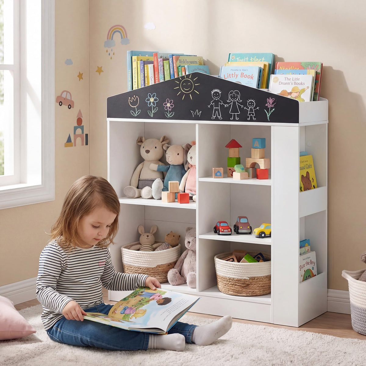 Kids Toy Storage Box House Shaped with Compartments and Chalkboard