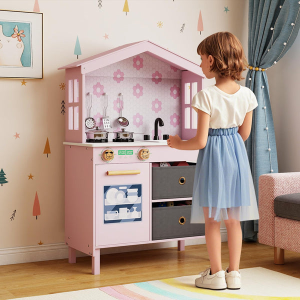 House-Shaped Play Kitchen, Kids Kitchen Playset