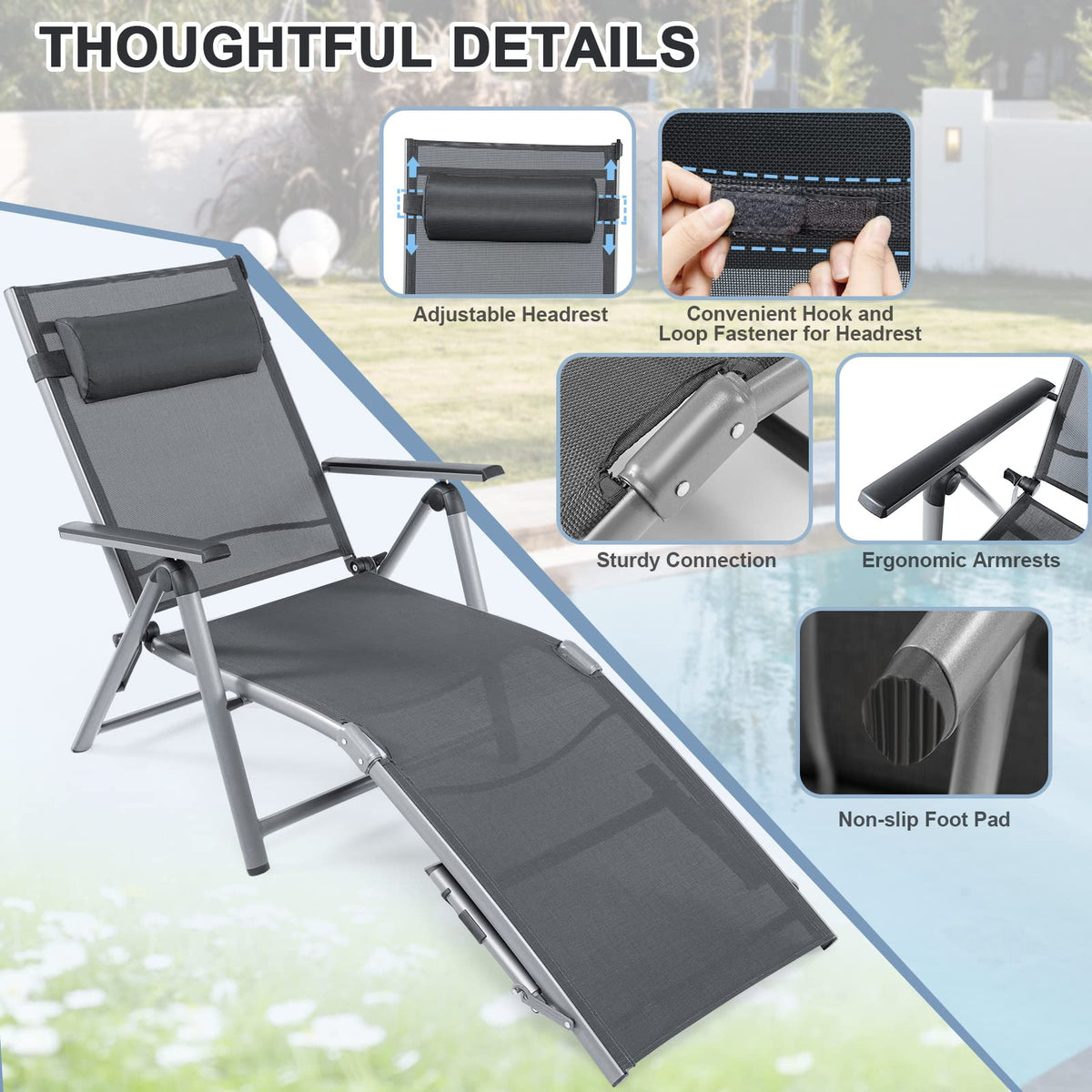 Patio Lounge Chair, Rustproof Aluminum Chaise Lounge Chair with 8-Position Adjustable Backrest