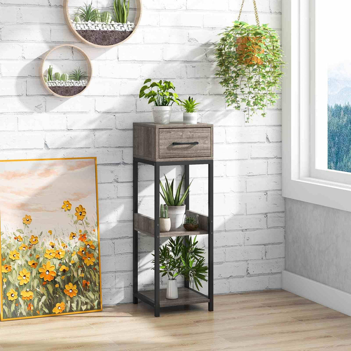 3 Tier Indoor Tall Plant Stand, Metal Plant Table with Drawer, Anti-Tipping Devices