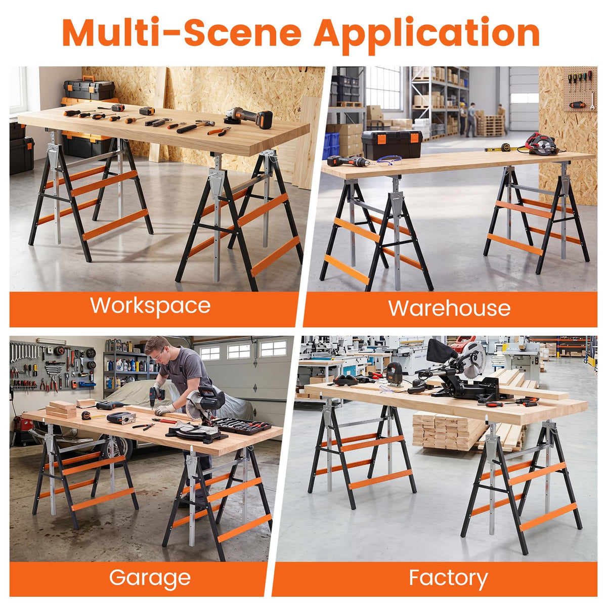 2 Pack Folding Saw Horses, Heavy Duty Metal Adjustable Height Sawhorse Set