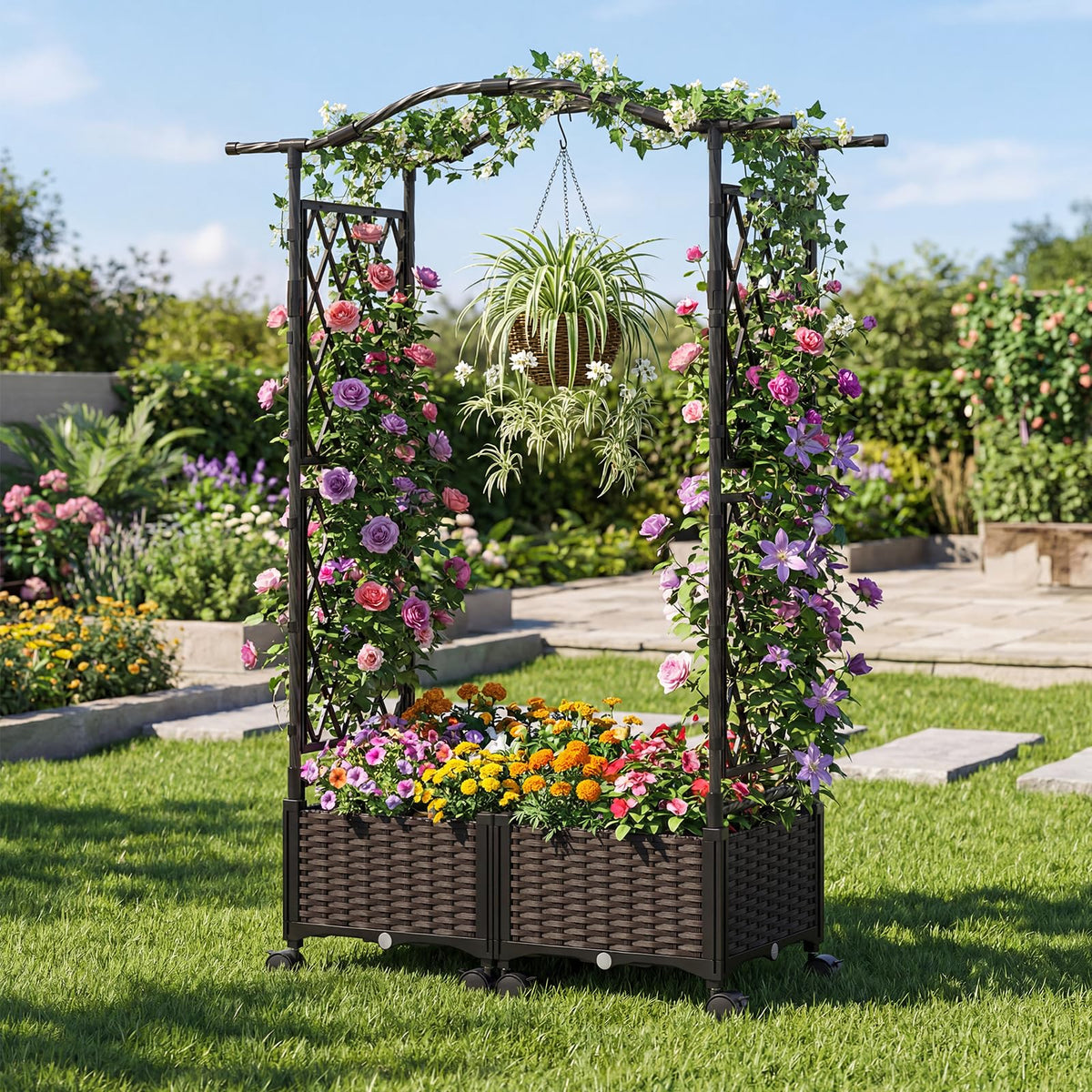 Self-Watering Planter Boxes w/Lattice Trellis & Roof