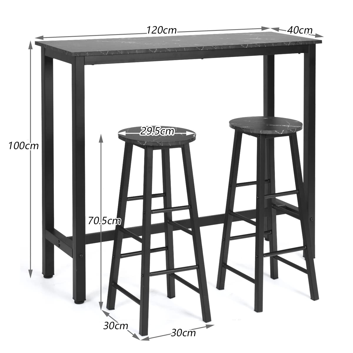 Dining Table Stools Set, 3PCS High Bar Table Set, w/Metal Frame & 2 Bar Stools