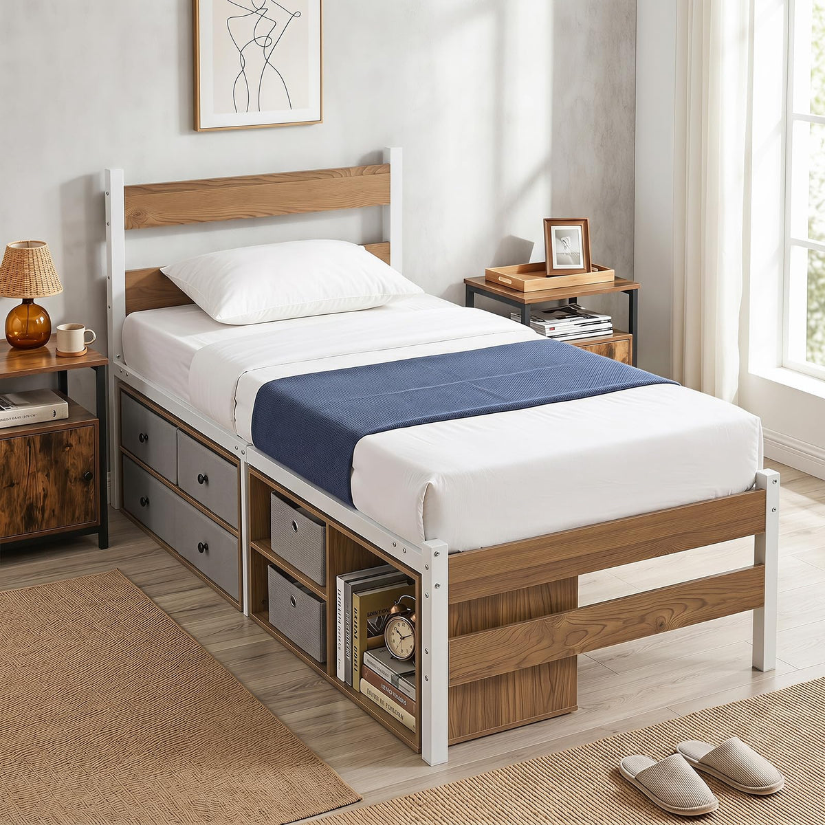 Giantex Single Size Metal Bed Frame w/3 Drawers & Storage Cubes, Industrial Platform Bed