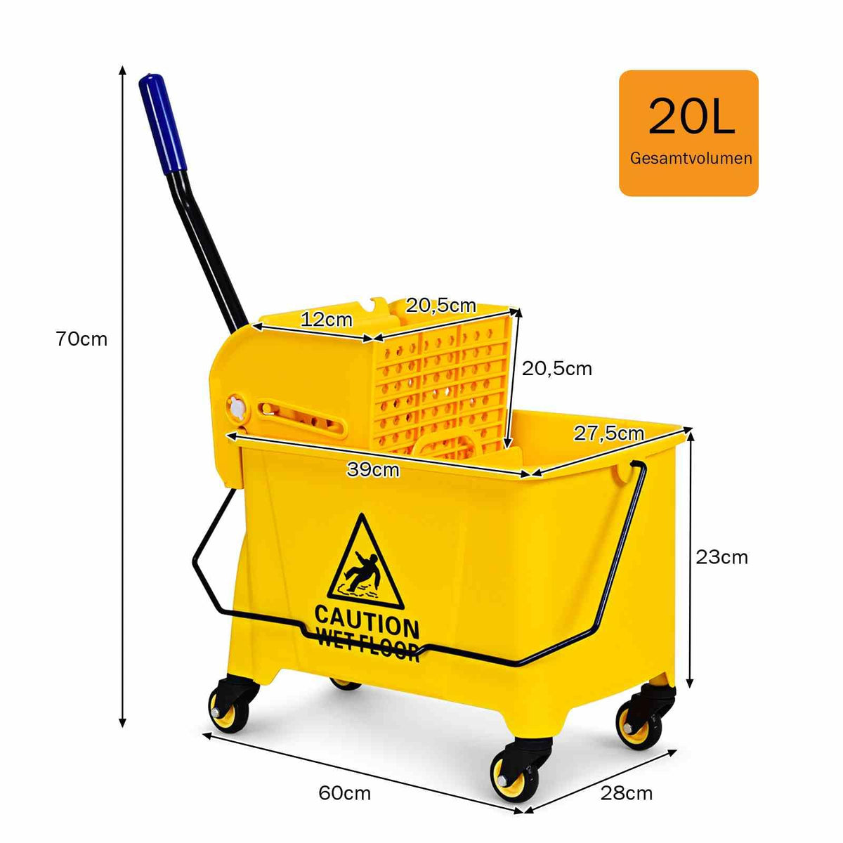 Mop Bucket w/ Down Press Wringer, 20L Commercial Cleaning Bucket w/ Wheels & Carrying Handle