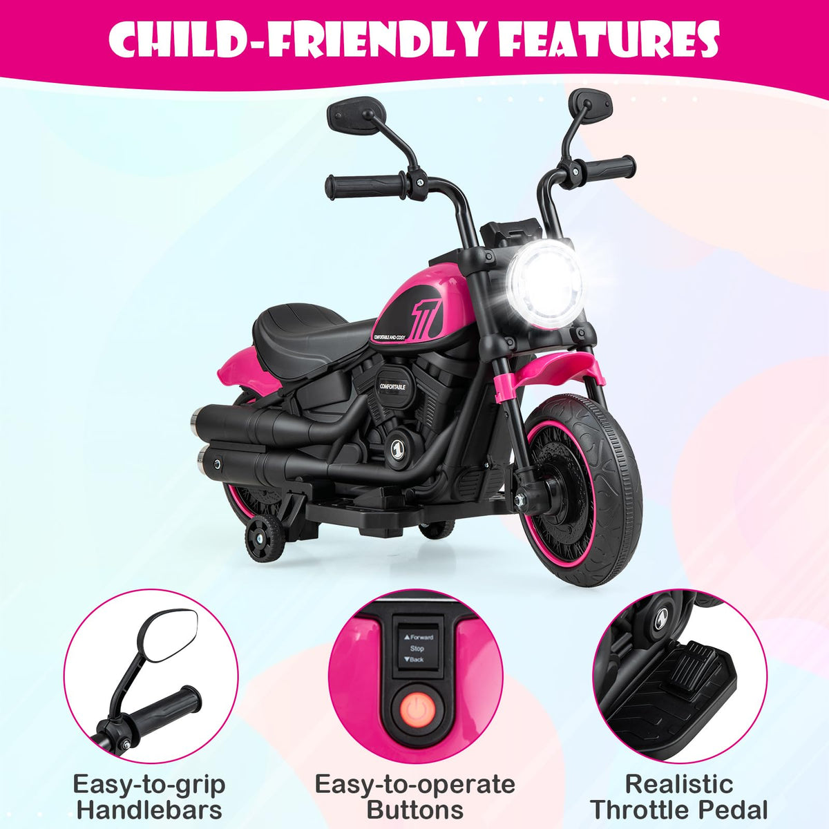 Kids Electric Motorcycle with Training Wheels & LED Headlights