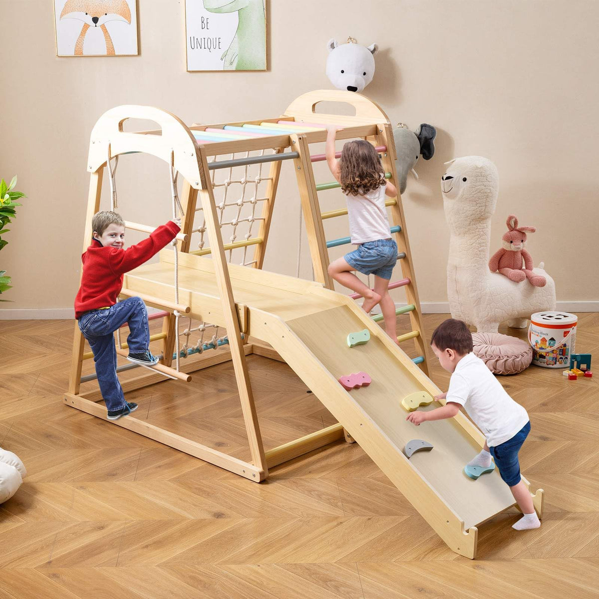 8-in-1 Jungle Gym, Wooden Montessori Climber Playset with Slide