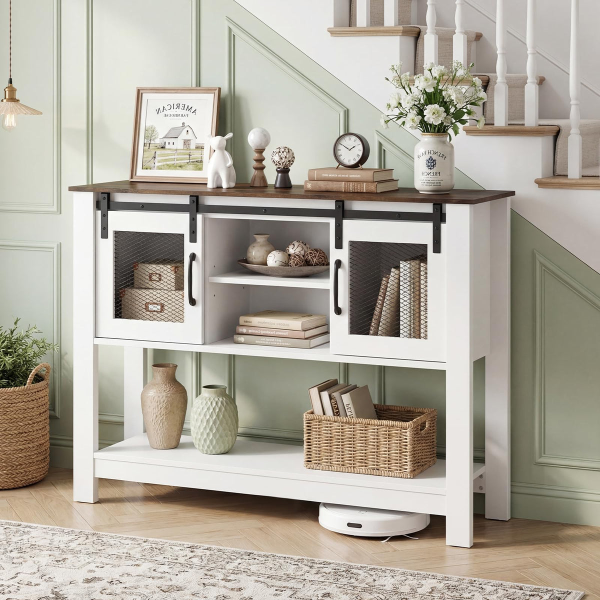 102cm Small Farmhouse Console Table with Adjustable Shelf and 2 Storage Cabinets for Entrance