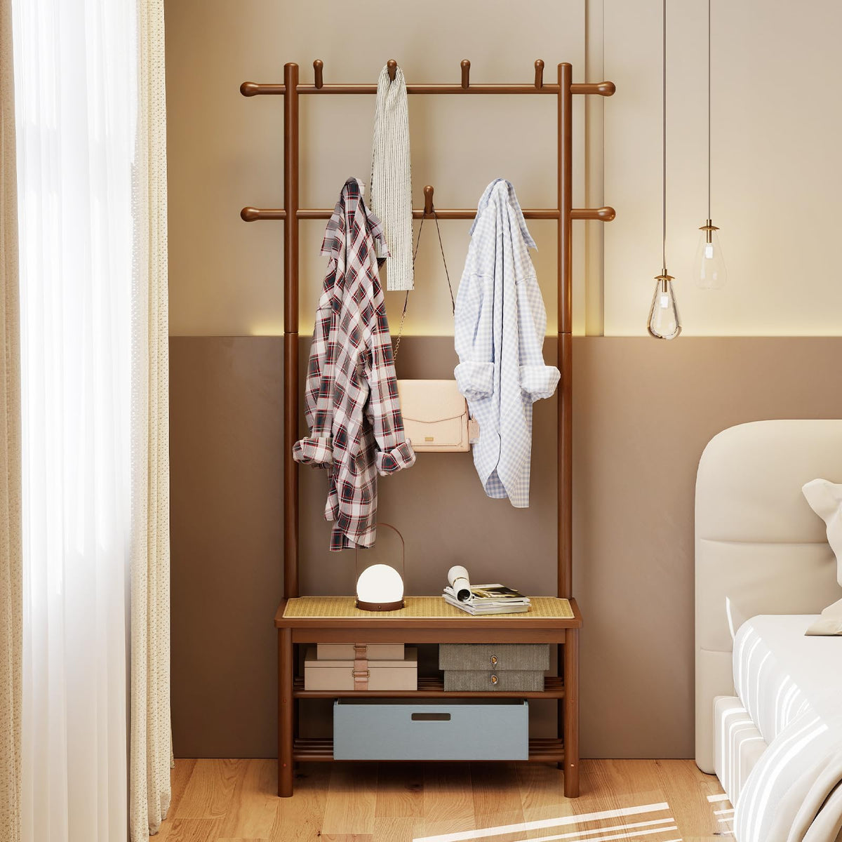 3-in-1 Hall Tree with 11 Hooks Hanging Rods and Shelves for Home