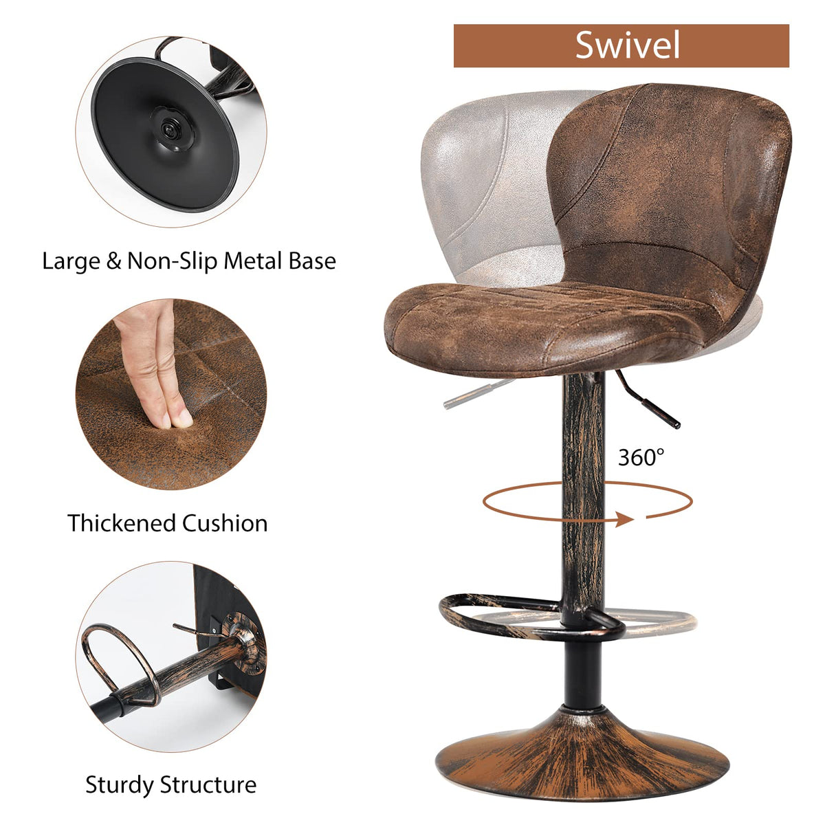 Giantex Bar Stools Set of 2, Adjustable Swivel Barstools with Back, Hot-Stamping Cloth and Chrome Footrest, Retro Brown