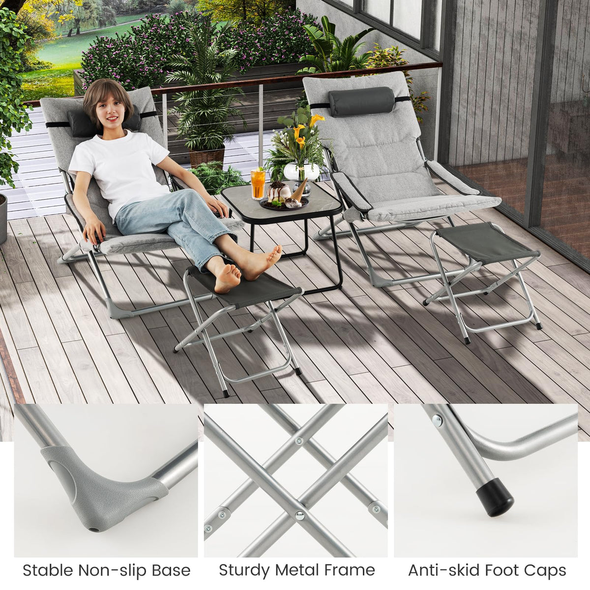 5 Piece Patio Sling Chair Set with Ottoman & Coffee Table for Garden