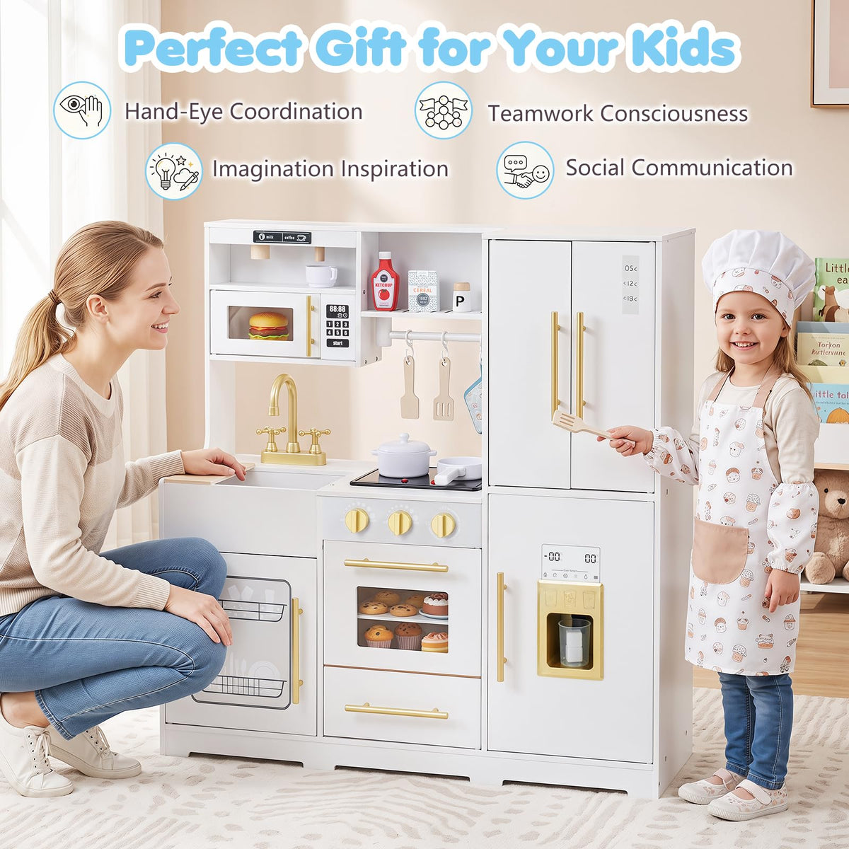 Wooden Play Kitchen with Lights & Sounds and Sink Stove Oven for Kids Ages 3+