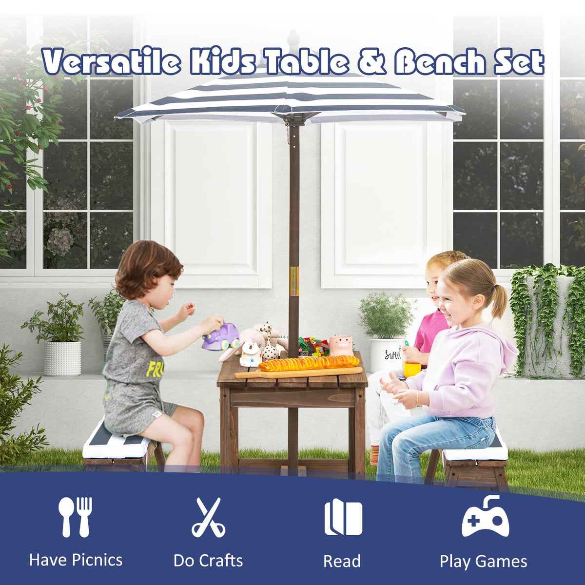 Kids Picnic Table and Bench Set, Toddler Wood Table Chairs w/Cushions