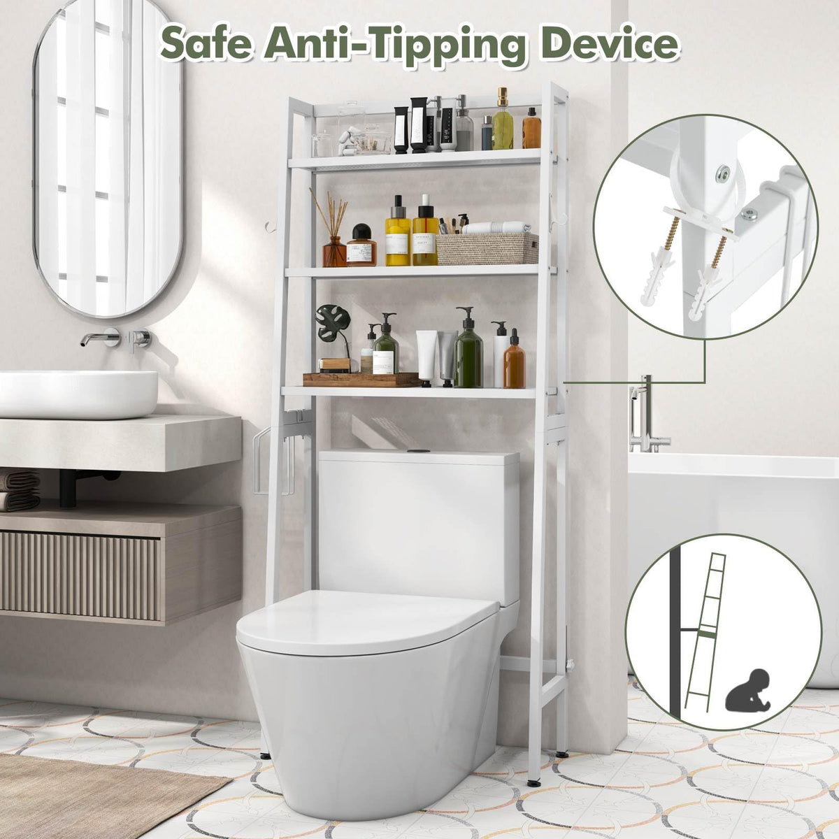 Giantex Over The Toilet Storage Shelf, 3-Tier Free Standing above Toilet Rack Stand with Adjustable Bottom Bar