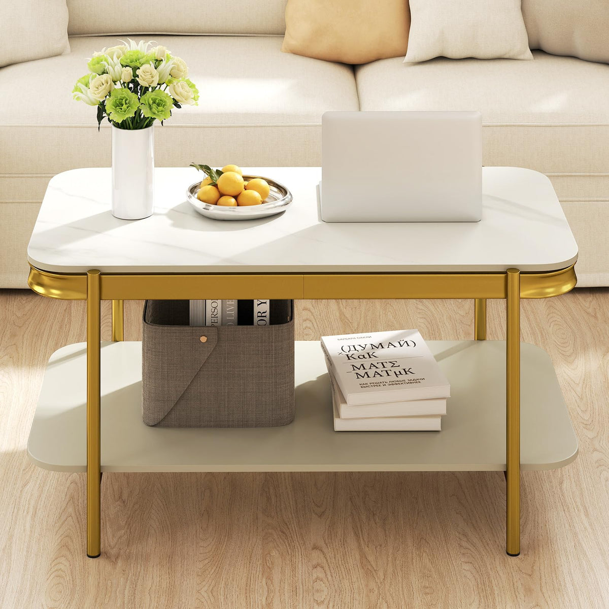 Modern Rectangular Coffee Table with Sintered Stone Top & Storage Shelf for Indoor