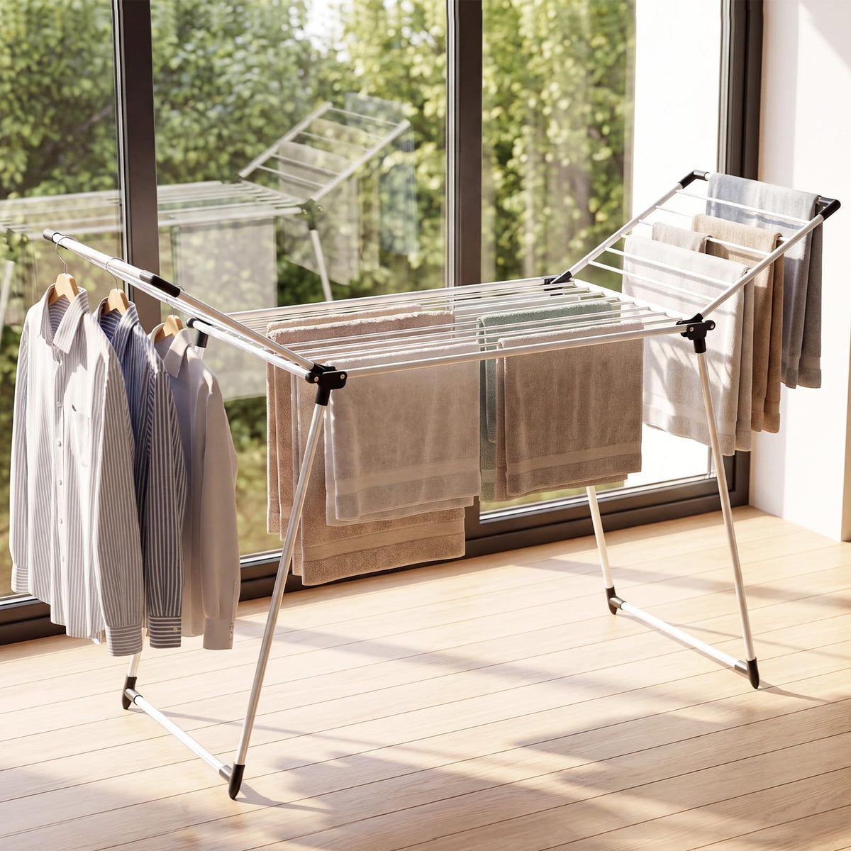 Foldable Laundry Rack with 2 Gullwings and Heavy Duty Metal Frame for Laundry Room