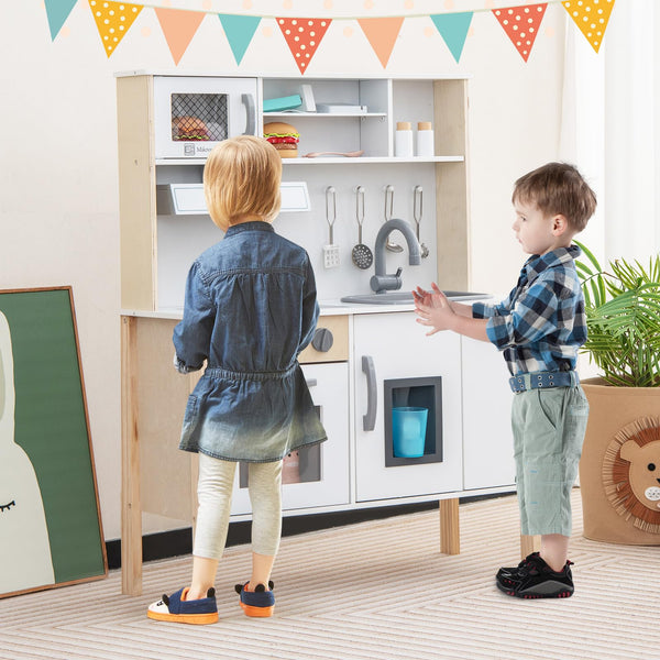 Kids Kitchen Playset, Wooden Pretend Play Kitchen w/Microwave, Range Hood