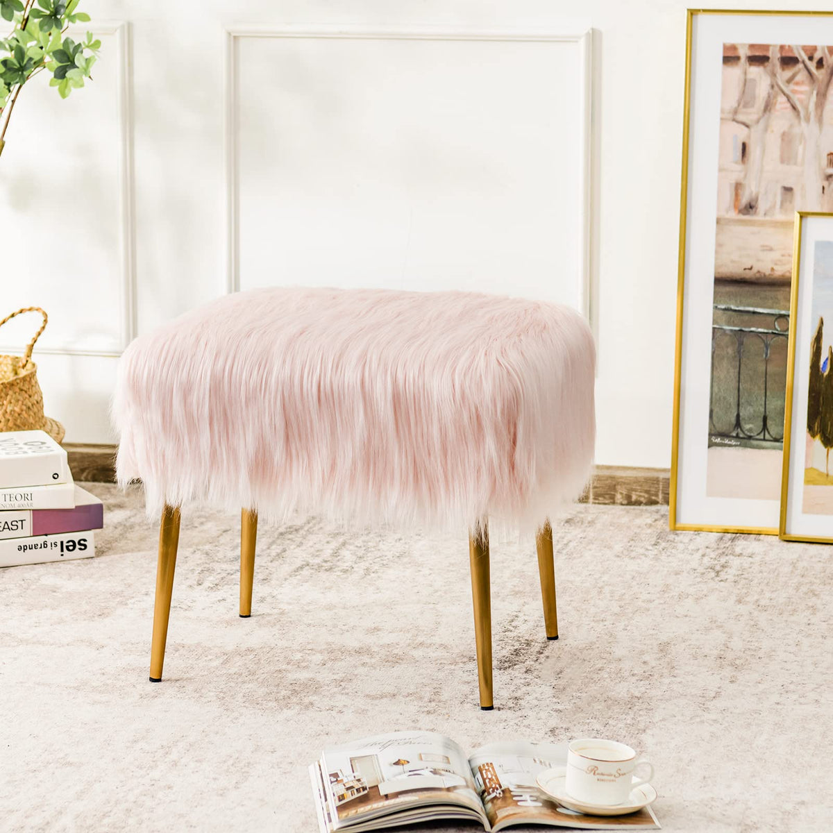 Giantex Faux Fur Vanity Stool, Square Furry Ottoman Seat w/Golden Metal Legs