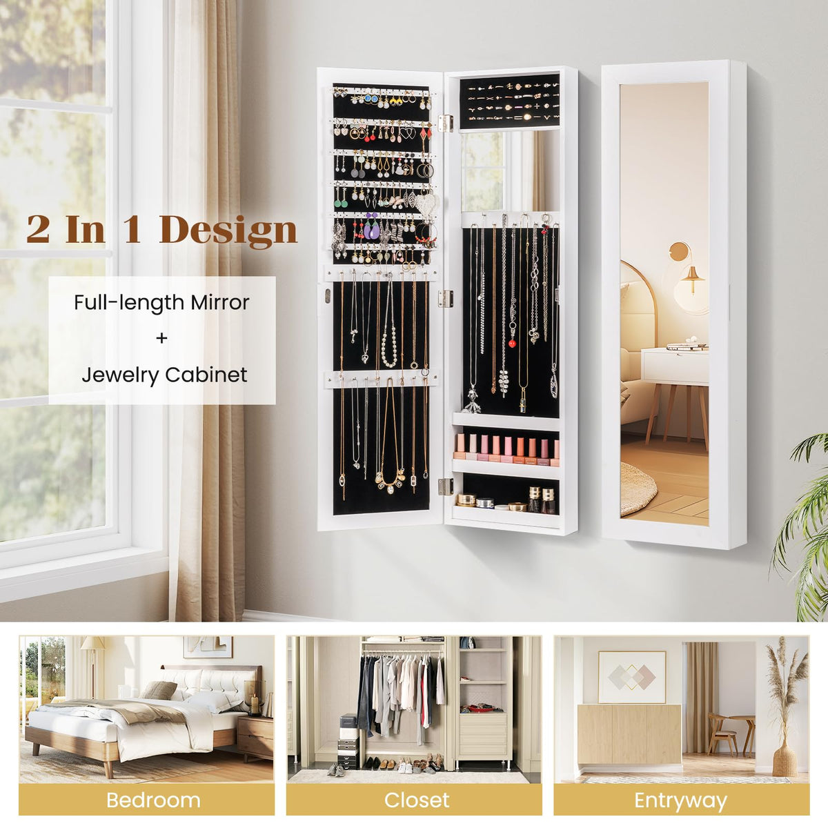 Wall/Door Mounted Jewelry Armoire with Storage Shelves and 2 Hanging Hook