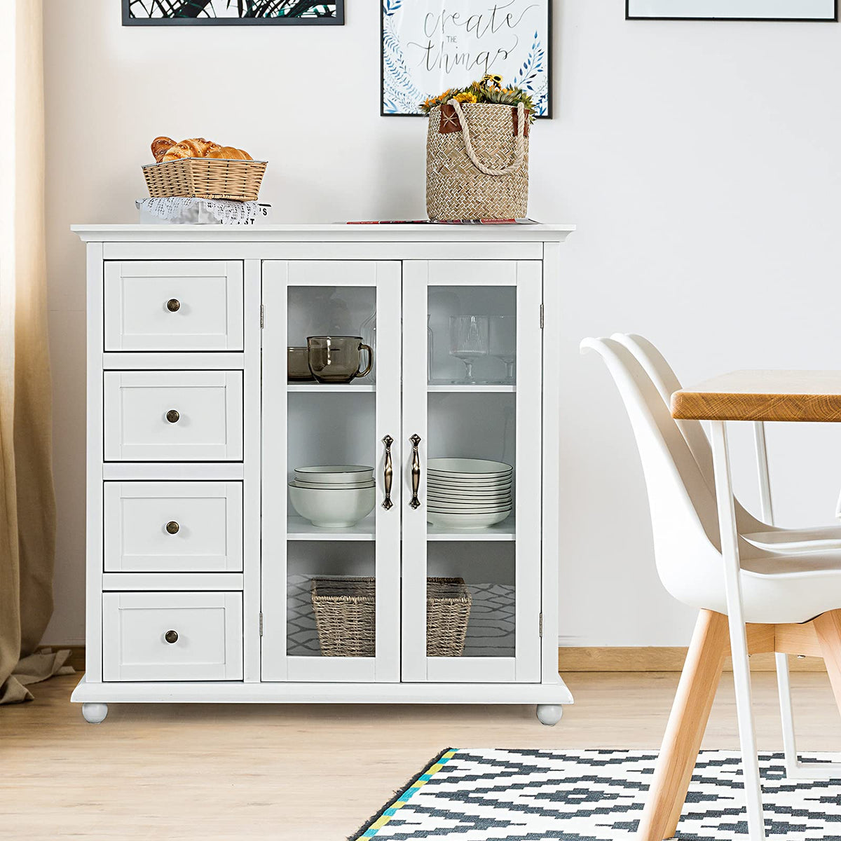 Giantex Buffet Sideboard, Kitchen Storage Cabinet w/ Clear Glass Doors, Dining Storage Sever (White)