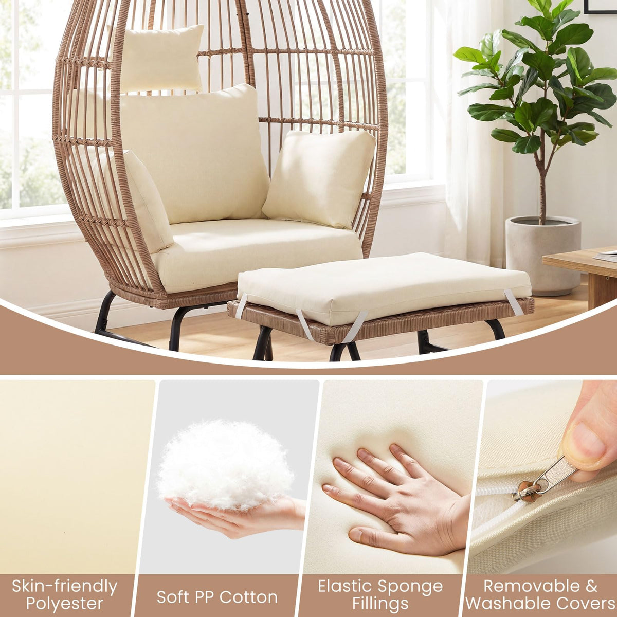 PE Rattan Egg Chair with Ottoman, Indoor & Outdoor Wicker Patio Lounge Chair