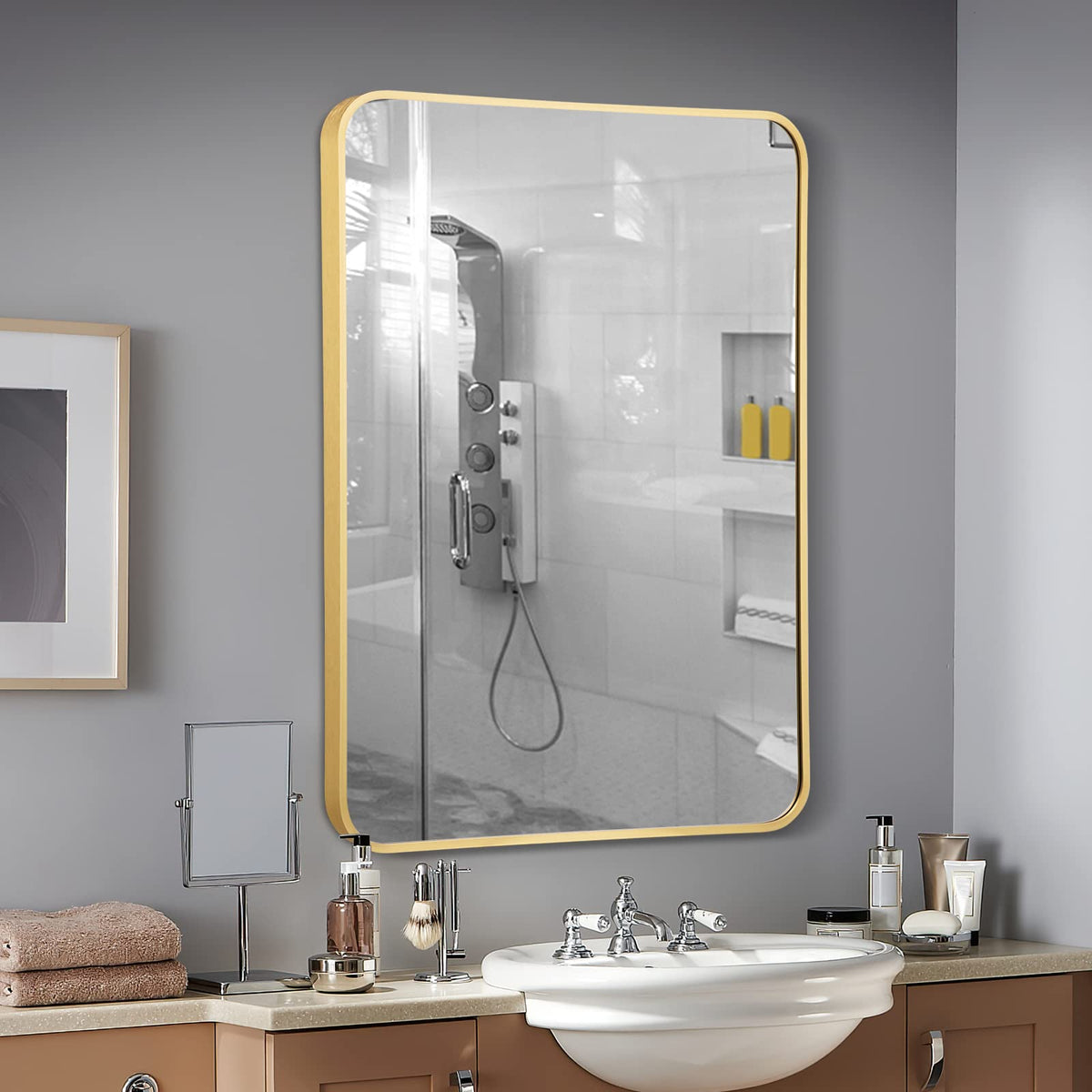 Giantex 56 x 77 cm Bathroom Makeup Mirror, Rectangular Mirror with Aluminum Alloy Frame & Rounded Corners