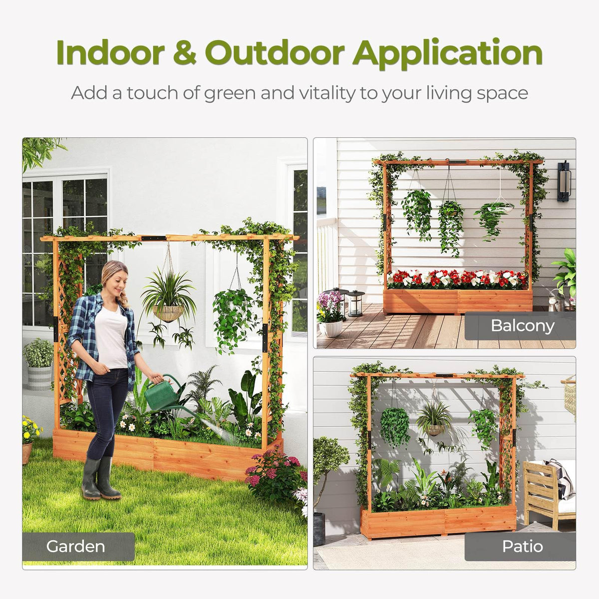 Raised Garden Bed with 2-Sided Trellis & Hanging Roof, Fir Wood Planter Box
