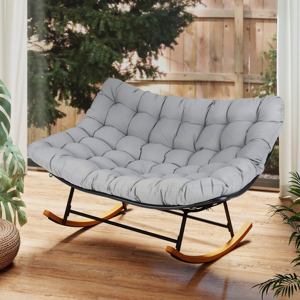 150 cm Double Papasan Rocking Chair with Thick Cushion for 2