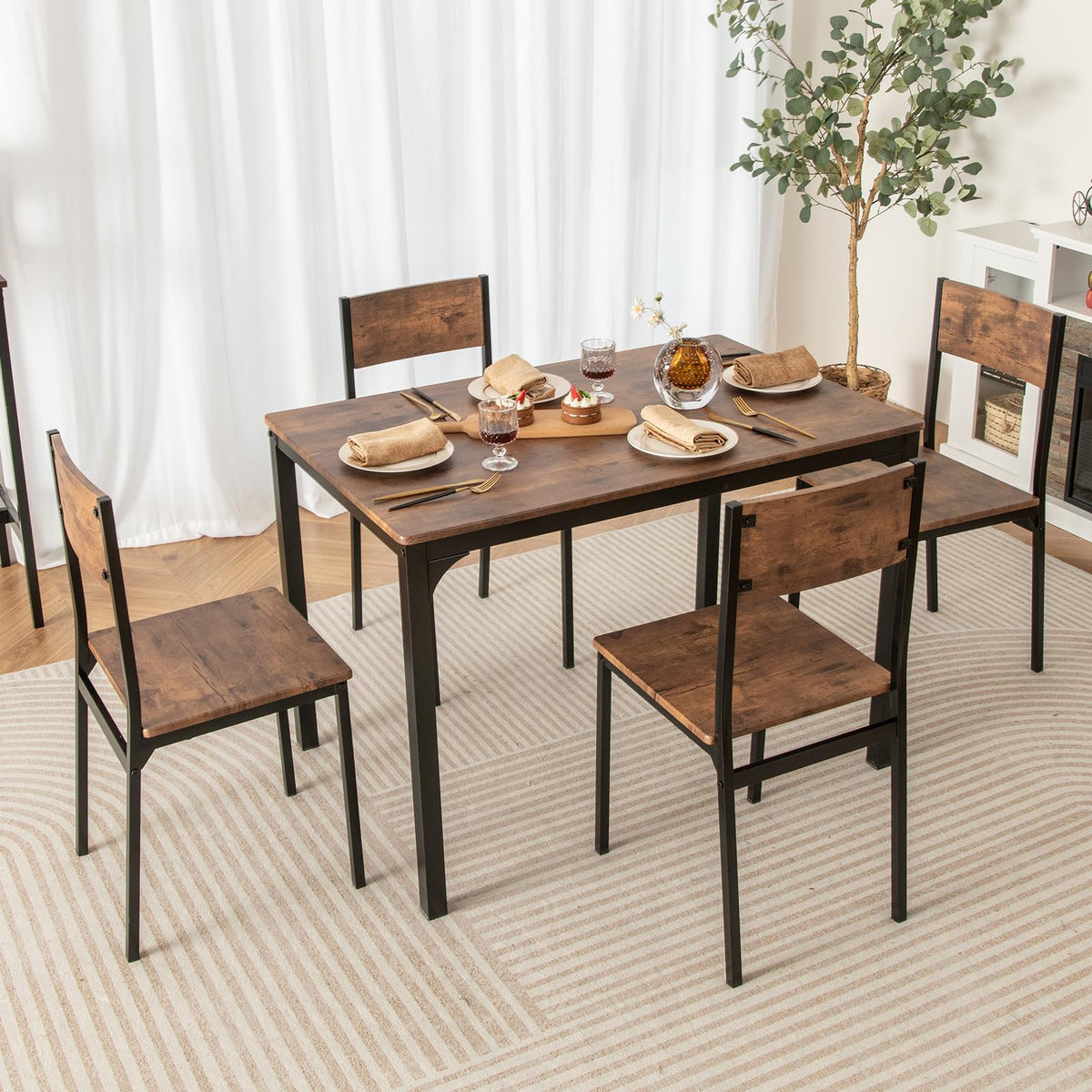 5 Piece Dining Table Set for 4 with Backrest and Metal Frame
