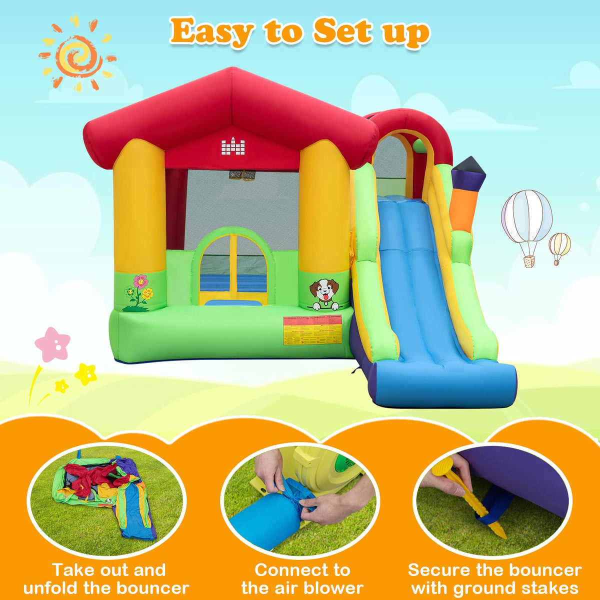 Inflatable Bounce House, Jumping Castle for Kids w/Climbing Wall, Slide with 680W Blower