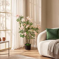 36" Artificial Impatiens Blossom Tree, Faux Pink Floral Plant in Cement-Filled Pot