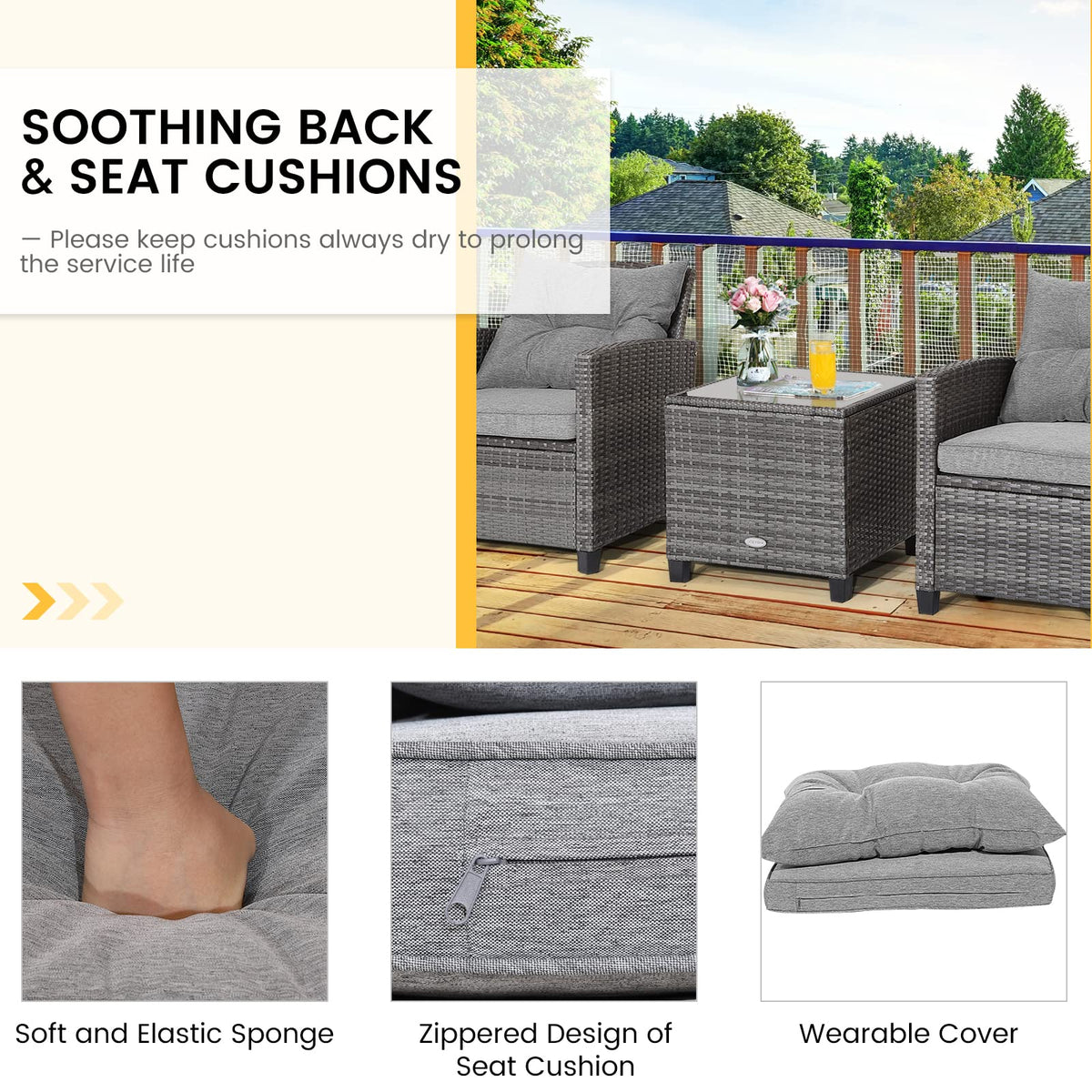 3 Pieces Patio Rattan Sofa Set with Soft Seat for Poolside & Backyard