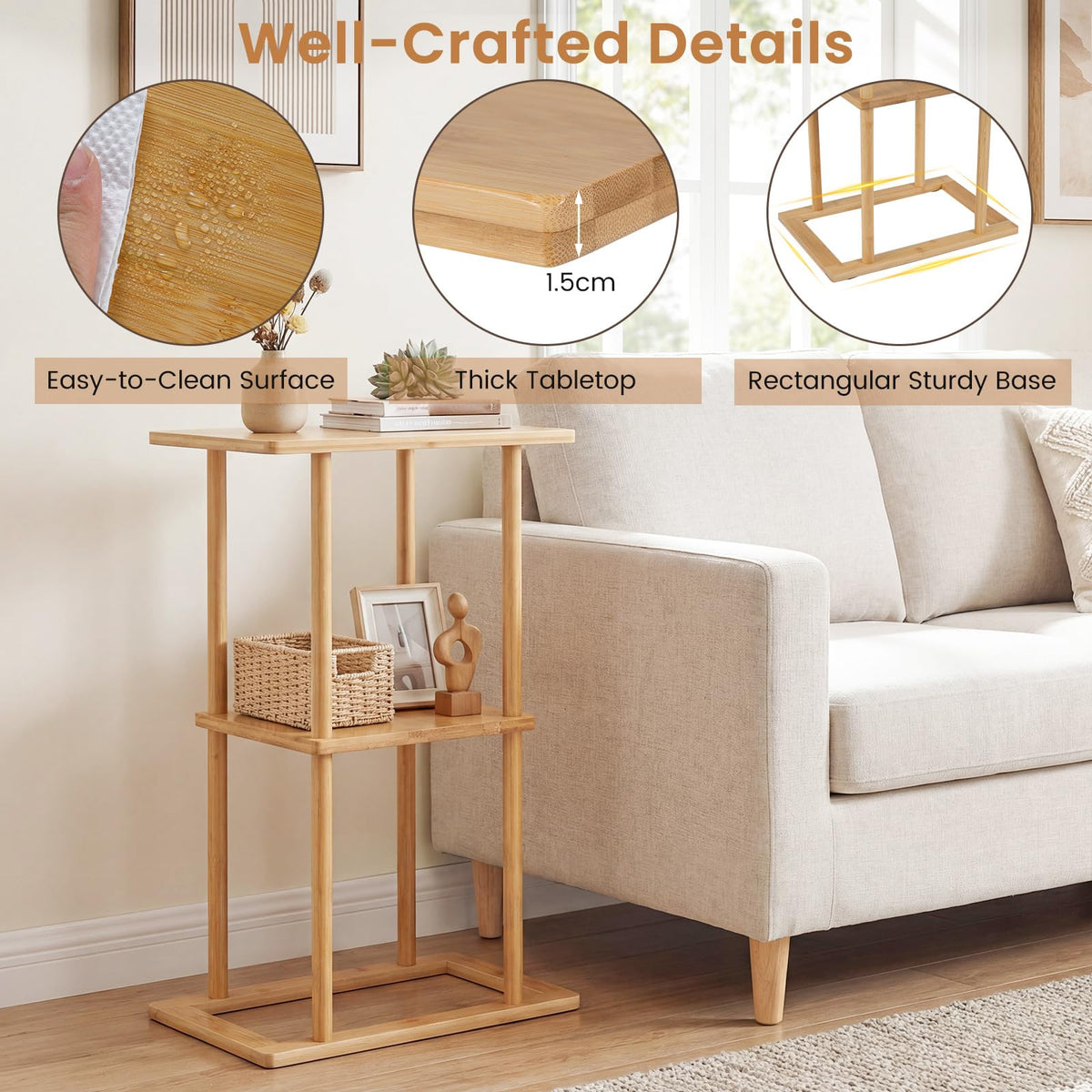 2 Pieces Side Table with Storage Shelves and Bamboo Construction for Living Room
