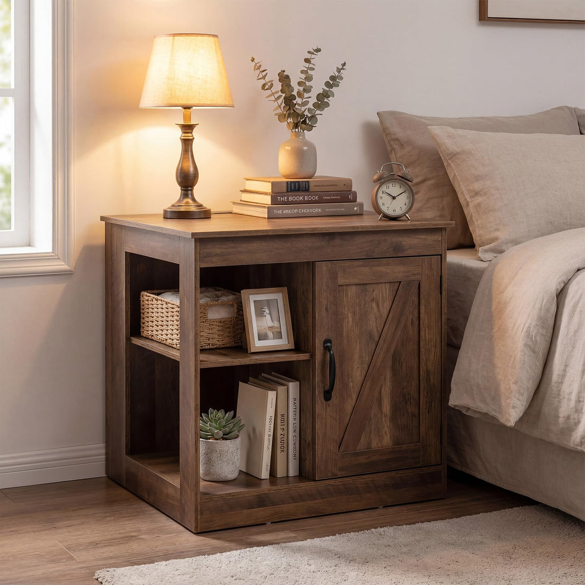 Giantex Farmhouse Nightstand with Charging Station, Bedside Table