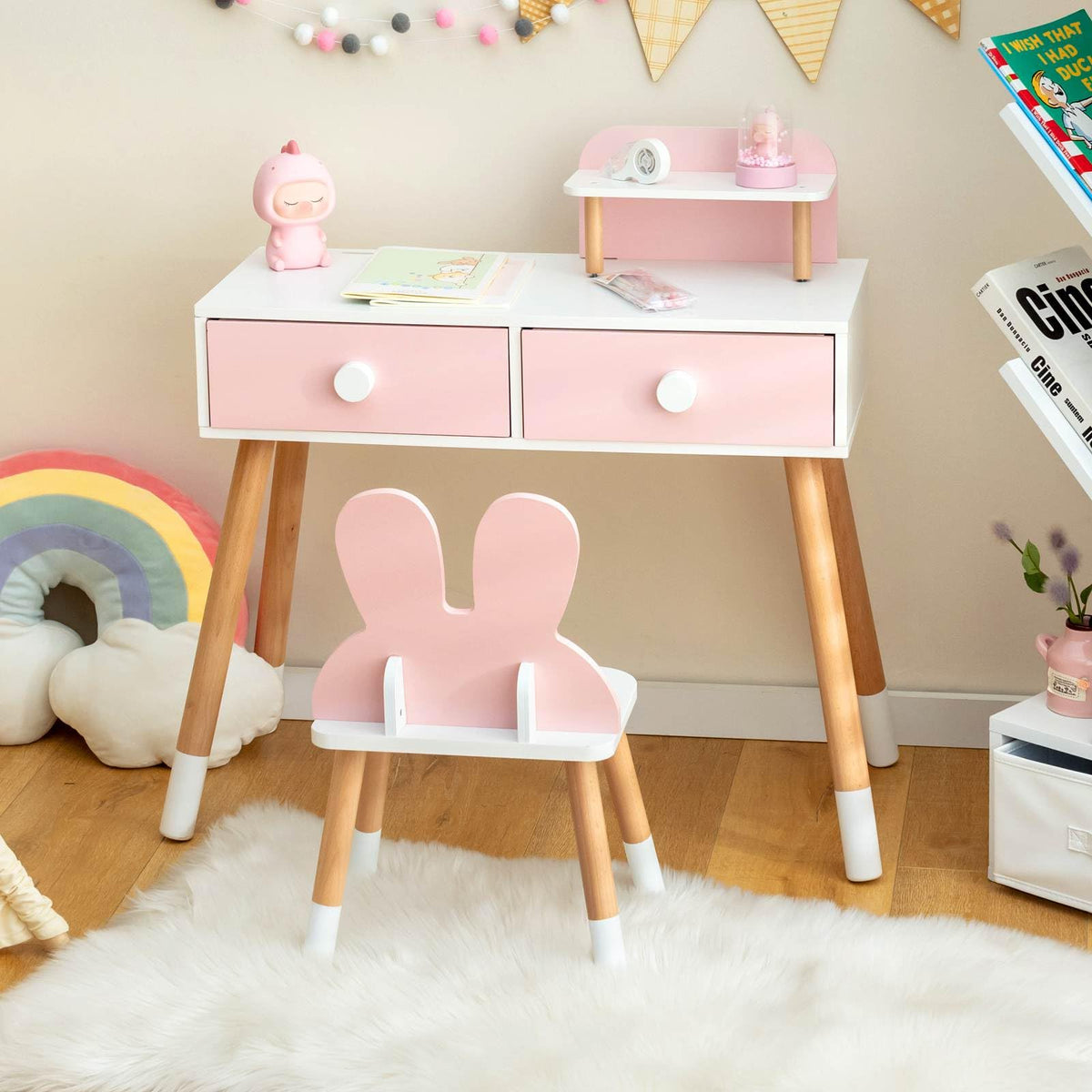Kids Vanity Table and Chair Set with Removable Mirror and 2 Large Drawers for Toddlers