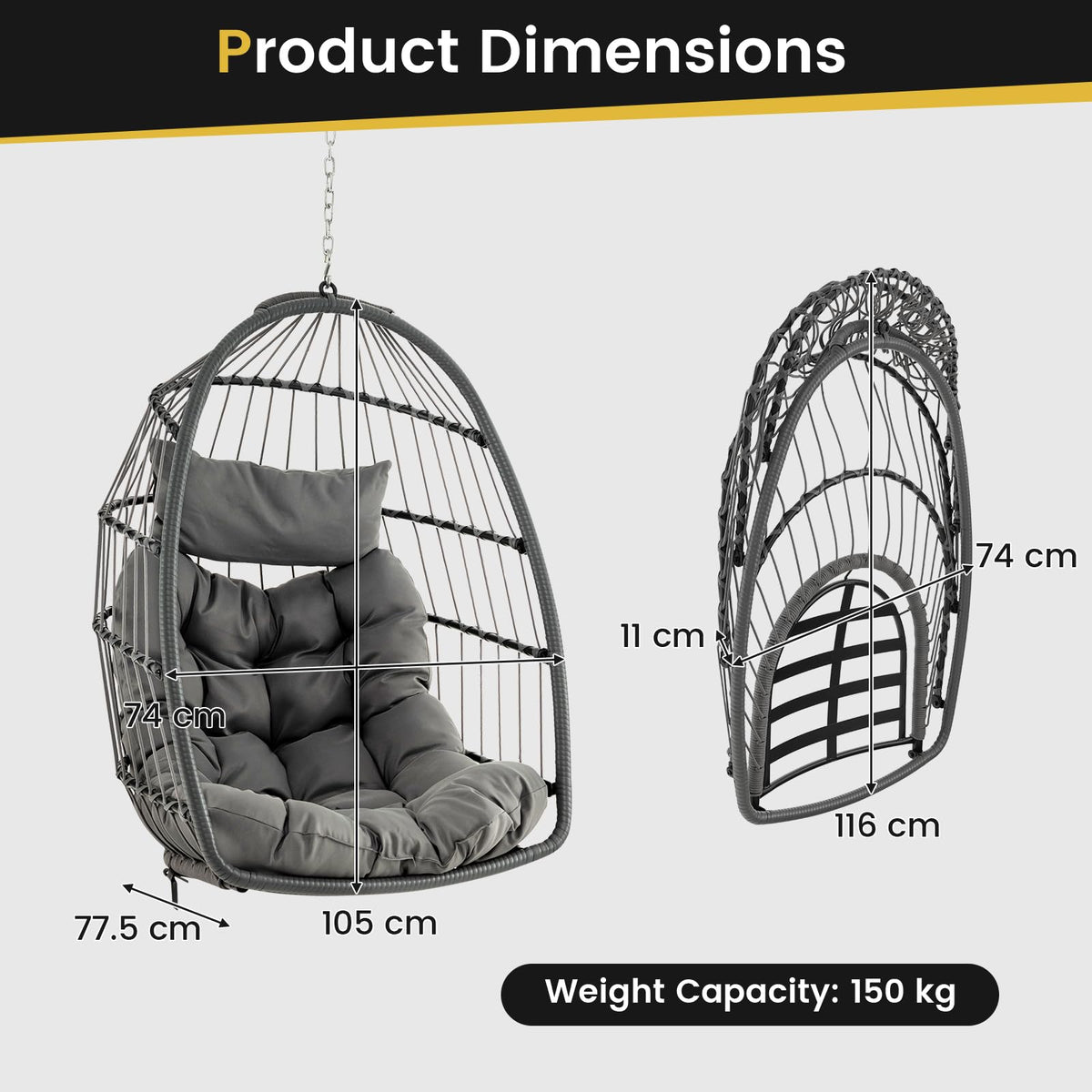 Hanging Egg Chair with Head Pillow & Large Seat Cushion (Without Chair Stand)