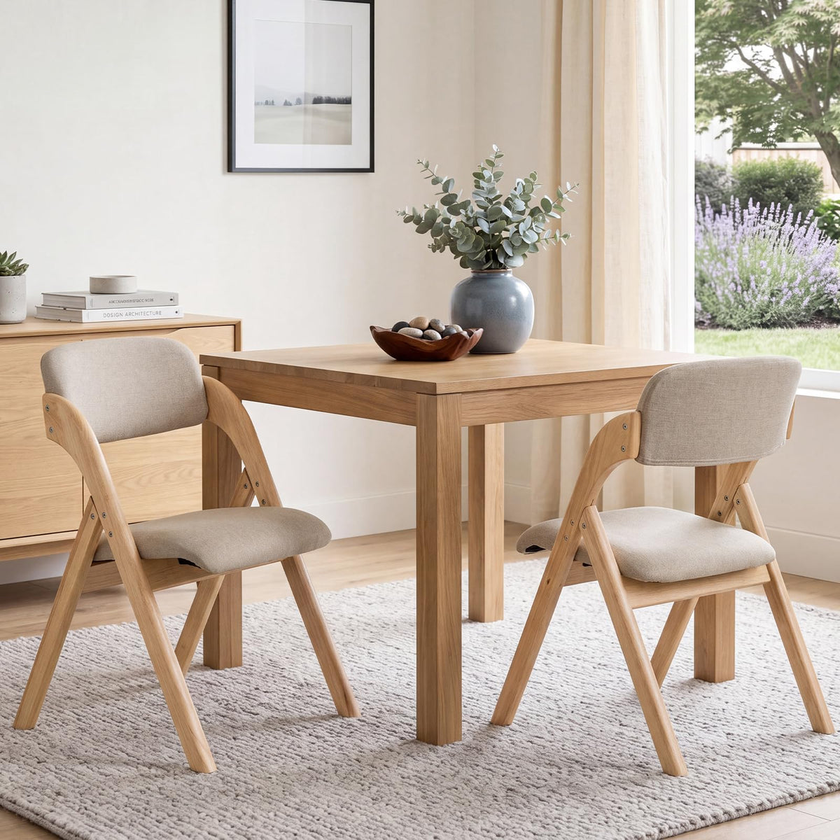 Wooden Folding Dining Chairs with Linen Fabric Padded Seat Set of 2