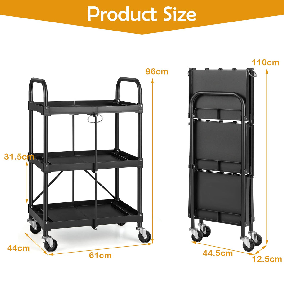 Folding Collapsible Service Cart, 3-Tier Fold Up Rolling Cart with Universal Wheels