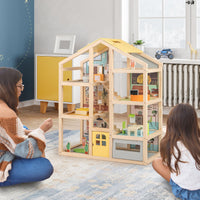 Wooden Dollhouse for Kids, Modern Family Pretend Playhouse w/Furniture Pieces & Figures