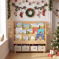 Double-Sided Kids Bookshelf on Wheels with Chalkboard and Open Cubes