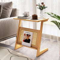 Giantex Z-Shaped End Table w/Magazine Rack, Glass Top Bamboo Side Table